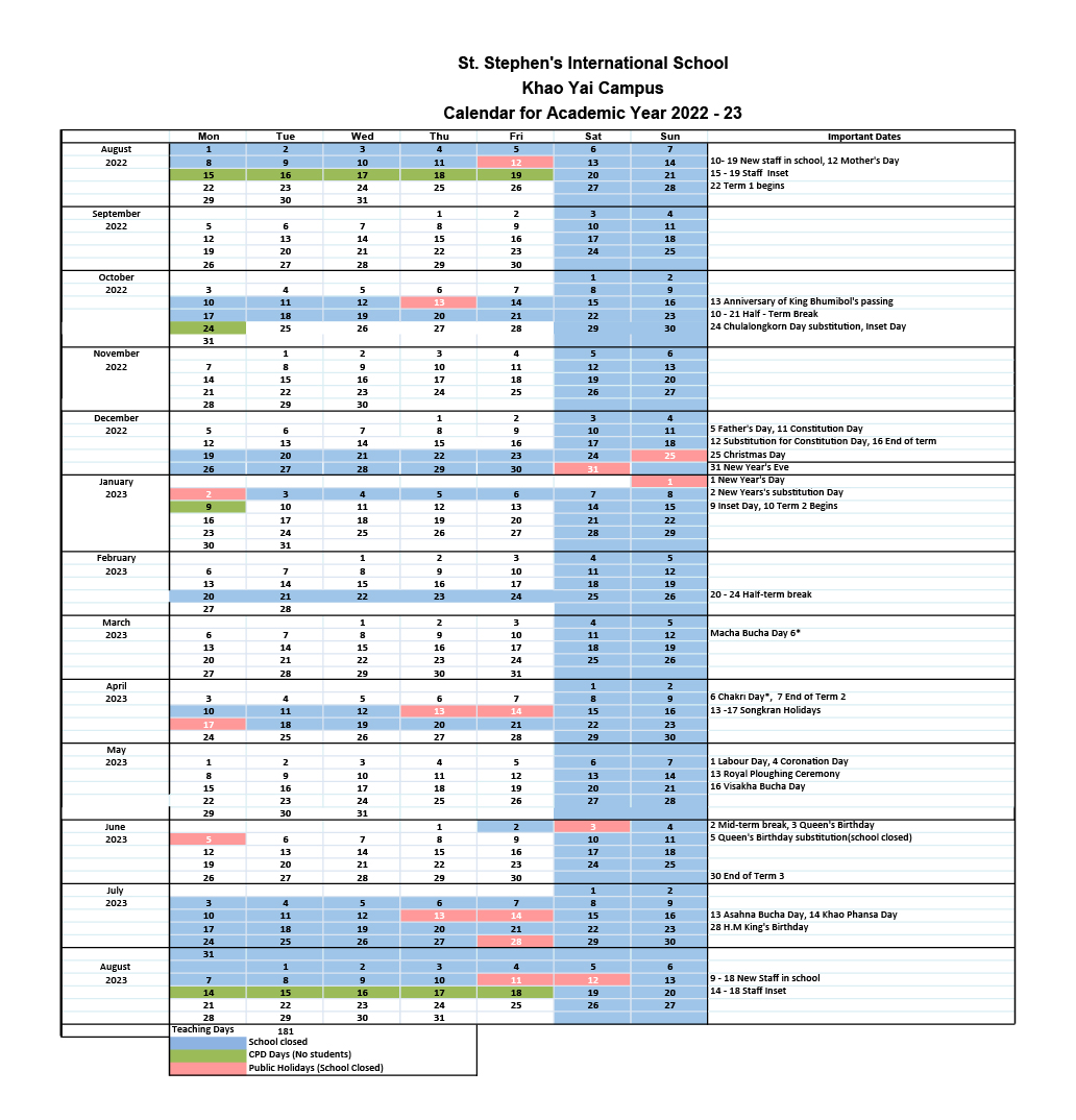 Full Calendar 2022 - 2023 | St. Stephen's International School Khao Yai Full Calendar 2022 - 2023 | St. Stephen's International School Khao Yai